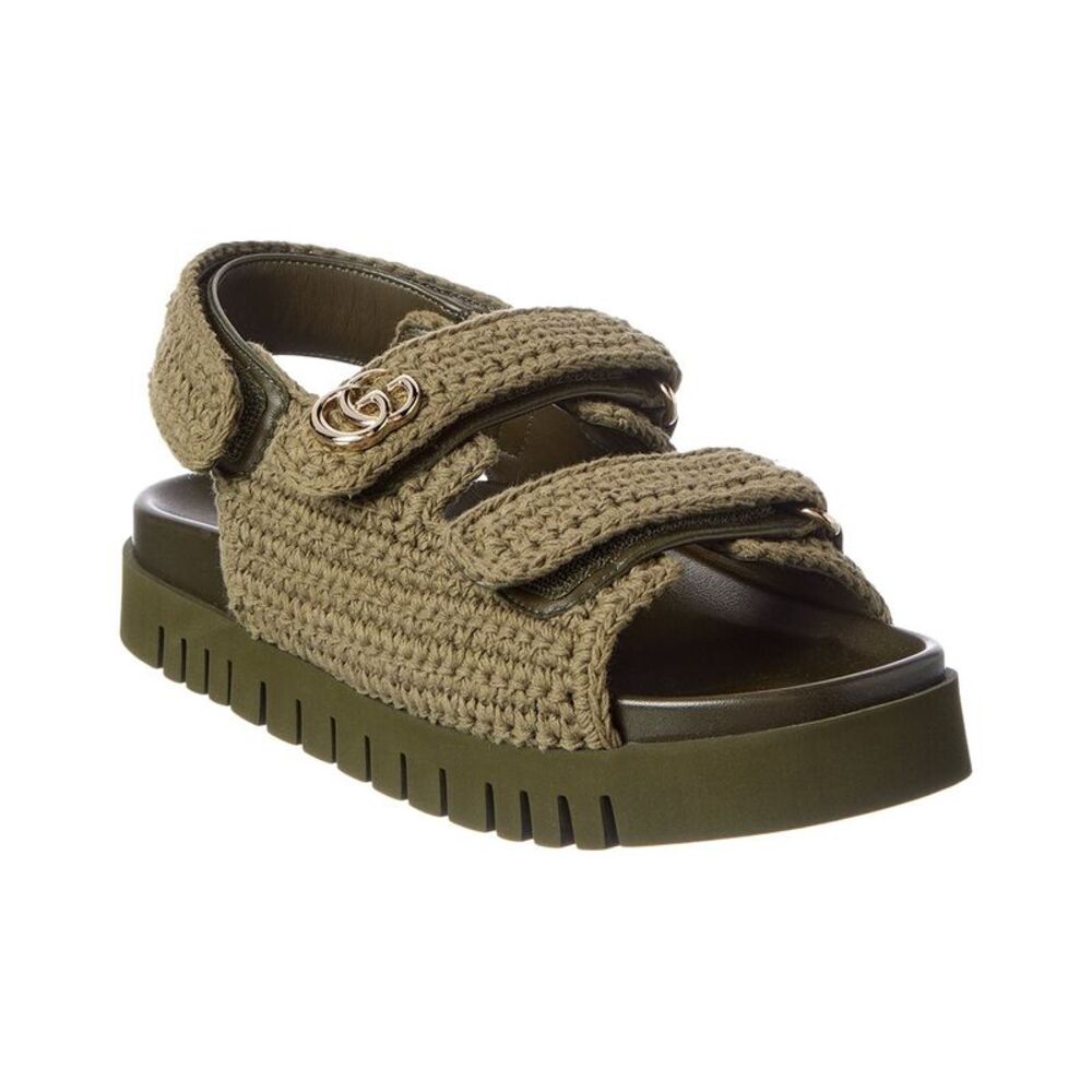 Gucci Double G Crochet Cotton Sandal, Green